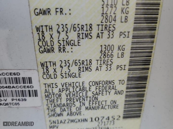 2017 Nissan Murano SL with VIN 5N1AZ2MGXHN107452, listed as a Copart auction lot 87173484 with 54,751 mi miles and Salvage Title. Bid and sale history available at carsss.com. Image 14.