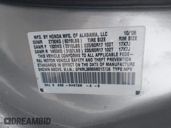 2009 Honda Odyssey Touring с VIN 5FNRL38969B013708, выставлен на аукционе IAAI как лот 42002538 с пробегом 198 220 миль миль и . История ставок и продаж доступна на DreamBid. Изображение 9.