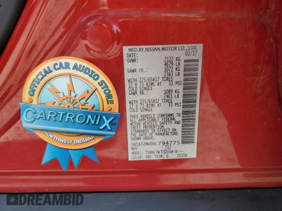 2017 Nissan Rogue SV with VIN 5N1AT2MV0HC794775, listed as a Copart auction lot 61019895 with 128,708 mi miles and Salvage title. Bid and sale history available at DreamBid. Image 13.