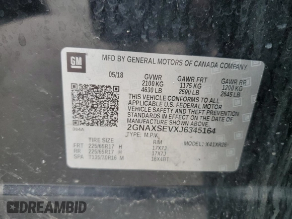 2018 Chevrolet Equinox LT z VIN 2GNAXSEVXJ6345164, wystawiony jako Copart lot #54562235 z przebiegiem 102 810 mil mil oraz Szkoda całkowita • Salvage title. Historia ofert i sprzedaży dostępna na DreamBid. Obrazek 13.
