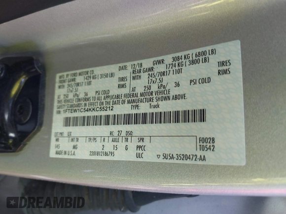 2019 Ford F-150 XL with VIN 1FTEW1C54KKC55212, listed as a IAAI auction lot 42025872 with 143,485 mi miles and . Bid and sale history available at DreamBid. Image 9.