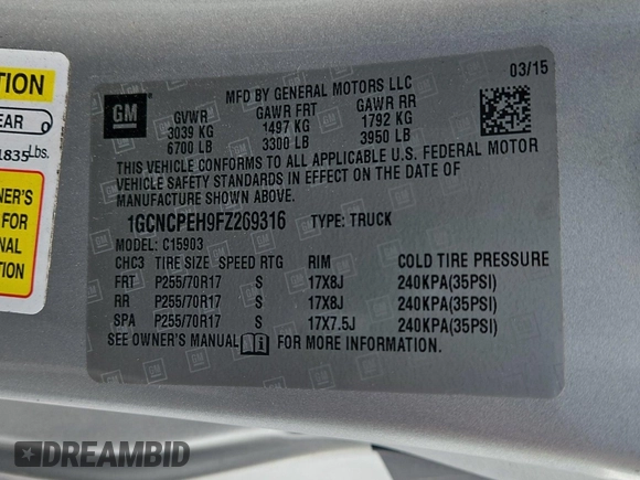 2015 Chevrolet Silverado 1500 Work Truck with VIN 1GCNCPEH9FZ269316, listed as a IAAI auction lot 42283939 with 139,486 mi miles and . Bid and sale history available at DreamBid. Image 42.