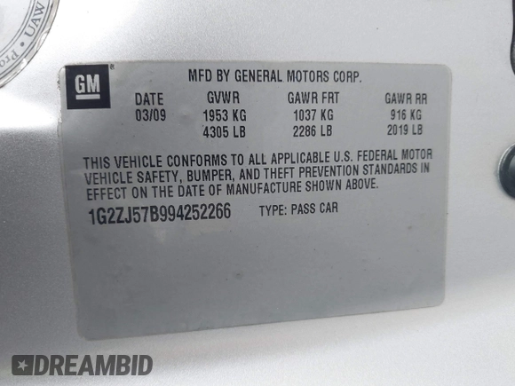 2009 Pontiac G6 1SB z VIN 1G2ZJ57B994252266, wystawiony jako IAAI lot #41609938 z przebiegiem 162 412 mil mil oraz . Historia ofert i sprzedaży dostępna na DreamBid. Obrazek 9.