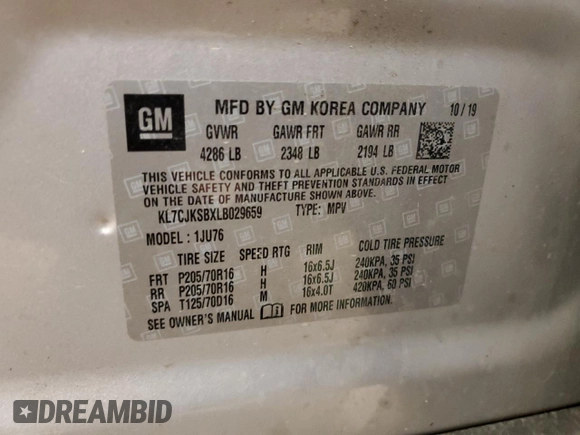 2020 Chevrolet Trax LS z VIN KL7CJKSBXLB029659, wystawiony jako Copart lot #48119455 z przebiegiem 57 322 mil mil oraz Szkoda całkowita • Salvage title. Historia ofert i sprzedaży dostępna na DreamBid. Obrazek 24.