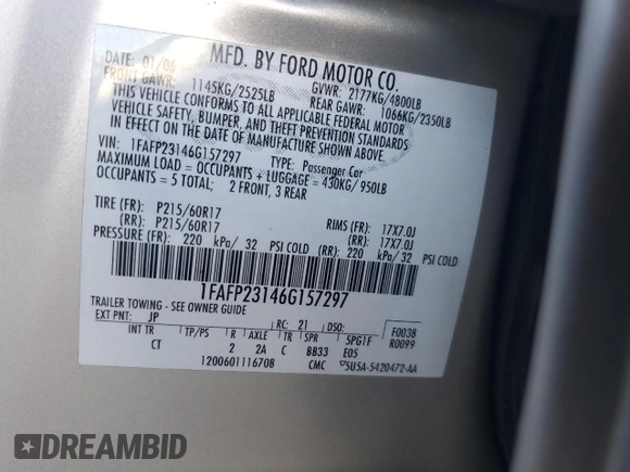 2006 Ford Five Hundred SE с VIN 1FAFP23146G157297, выставлен на аукционе Copart как лот 46508745 с пробегом 91 021 миль миль и Списание • Salvage title. История ставок и продаж доступна на DreamBid. Изображение 12.