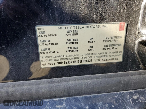 2014 Tesla Model S 60 with VIN 5YJSA1H13EFP38425, listed as a Copart auction lot 63686205 with 183,968 mi miles and Salvage title. Bid and sale history available at DreamBid. Image 13.