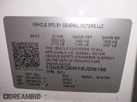2021 Chevrolet Traverse LT Cloth with VIN 1GNERGKW1MJ206196, listed as a IAAI auction lot 41946973 with 70,630 mi miles. Bid and sale history available at carsss.com. Image 9.