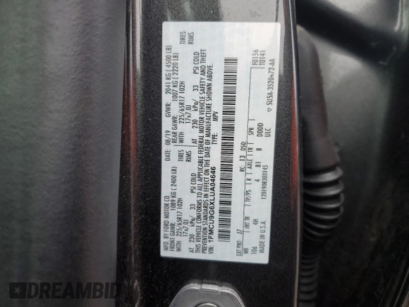 2020 Ford Escape SE with VIN 1FMCU9G6XLUA04646, listed as a Copart auction lot 53264885 with 80,517 mi miles and Salvage Title. Bid and sale history available at DreamBid. Image 15.