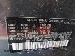 2021 Subaru Legacy Premium with VIN 4S3BWAD63M3015785, listed as a IAAI auction lot 42624946 with 108,533 mi miles and . Bid and sale history available at DreamBid. Image 13.