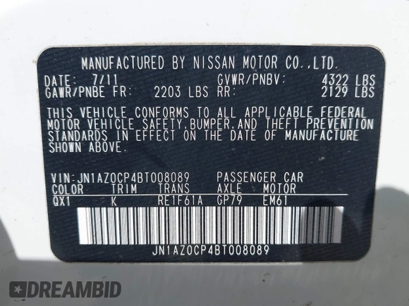 2011 Nissan LEAF SL-e with VIN JN1AZ0CP4BT008089, listed as a IAAI auction lot 41718991 with 48,598 mi miles. Bid and sale history available at carsss.com. Image 9.