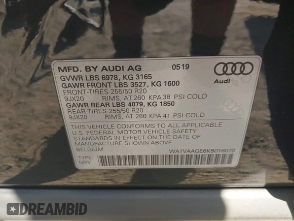 2019 Audi e-tron Prestige with VIN WA1VAAGE6KB016070, listed as a IAAI auction lot 42655490 with 78,384 mi miles and . Bid and sale history available at DreamBid. Image 9.