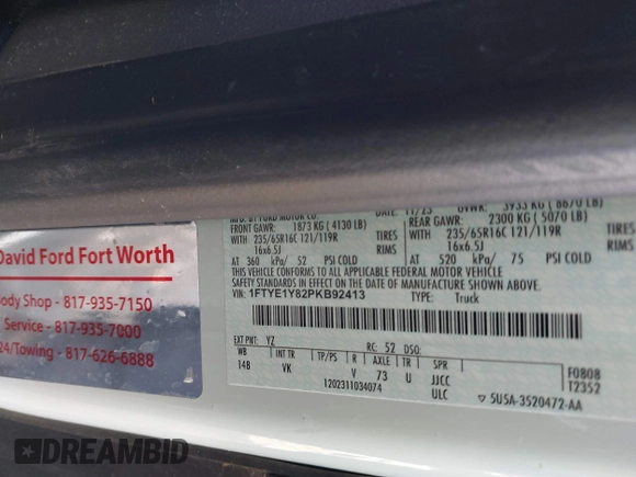 2023 Ford Transit Cargo with VIN 1FTYE1Y82PKB92413, listed as a IAAI auction lot 41702808 with 20,144 mi miles and . Bid and sale history available at DreamBid. Image 9.