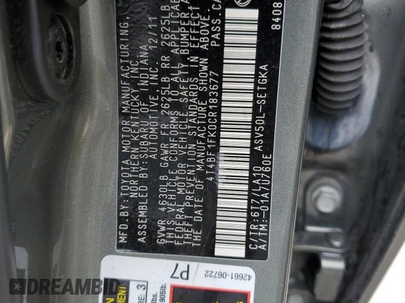 2012 Toyota Camry L with VIN 4T4BF1FK0CR183677, listed as a Copart auction lot 51815735 with 175,355 mi miles and Non Repairable. Bid and sale history available at carsss.com. Image 12.