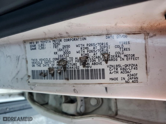 2000 Toyota 4Runner Limited with VIN JT3HN87R9Y9044162, listed as a Copart auction lot 84695644 with 278,511 mi miles and Salvage Title. Bid and sale history available at carsss.com. Image 12.