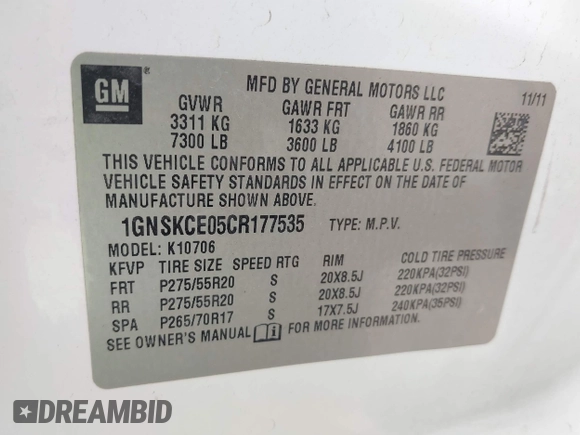2012 Chevrolet Tahoe LTZ with VIN 1GNSKCE05CR177535, listed as a IAAI auction lot 42149054 with 184,830 mi miles and . Bid and sale history available at DreamBid. Image 9.