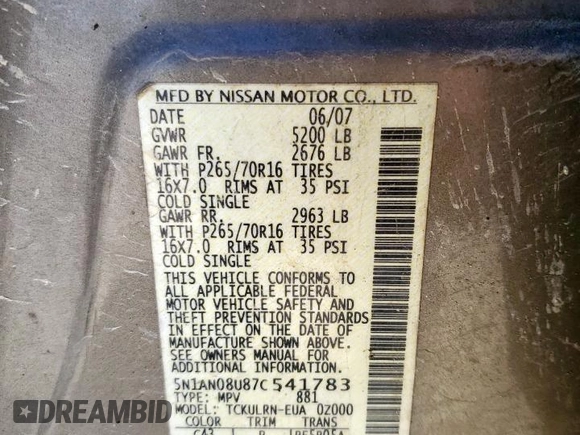 2007 Nissan Xterra SE z VIN 5N1AN08U87C541783, wystawiony jako Copart lot #57088435 z przebiegiem 219 173 mil mil oraz Czysty tytuł • Clean title. Historia ofert i sprzedaży dostępna na DreamBid. Obrazek 13.