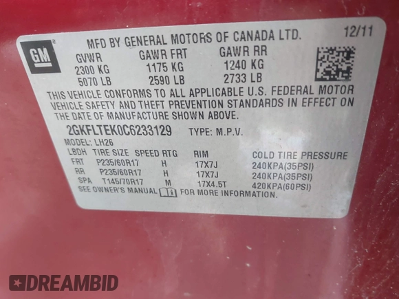 2012 GMC Terrain SLE-2 with VIN 2GKFLTEK0C6233129, listed as a IAAI auction lot 41455757 with 136,073 mi miles. Bid and sale history available at carsss.com. Image 9.