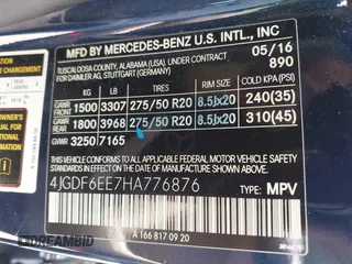 2017 Mercedes-Benz GLS 450 with VIN 4JGDF6EE7HA776876, listed as a IAAI auction lot 42355522 with 130,226 mi miles and . Bid and sale history available at DreamBid. Image 9.