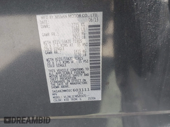 2014 Nissan Pathfinder S with VIN 5N1AR2MM3EC603111, listed as a IAAI auction lot 41815459 with 169,276 mi miles and . Bid and sale history available at DreamBid. Image 9.