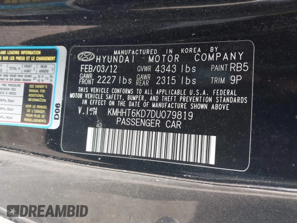 2013 Hyundai Genesis Coupe Premium with VIN KMHHT6KD7DU079819, listed as a IAAI auction lot 40863494 with 111,012 mi miles and . Bid and sale history available at DreamBid. Image 9.