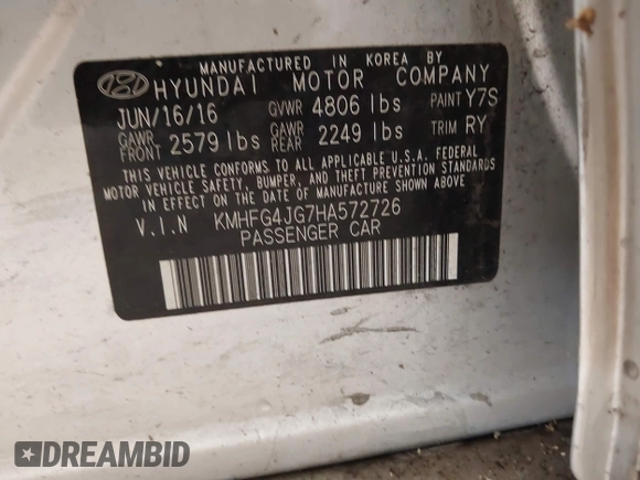2017 Hyundai Azera with VIN KMHFG4JG7HA572726, listed as a IAAI auction lot 39691285 with 100,092 mi miles and . Bid and sale history available at DreamBid. Image 9.