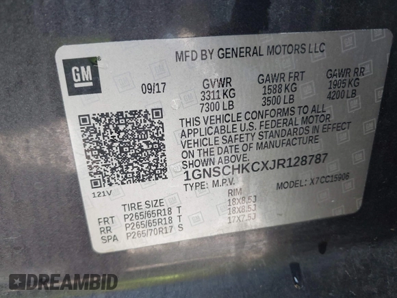 2018 Chevrolet Suburban LT z VIN 1GNSCHKCXJR128787, wystawiony jako IAAI lot #41909965 z przebiegiem 123 020 mil mil oraz . Historia ofert i sprzedaży dostępna na DreamBid. Obrazek 9.