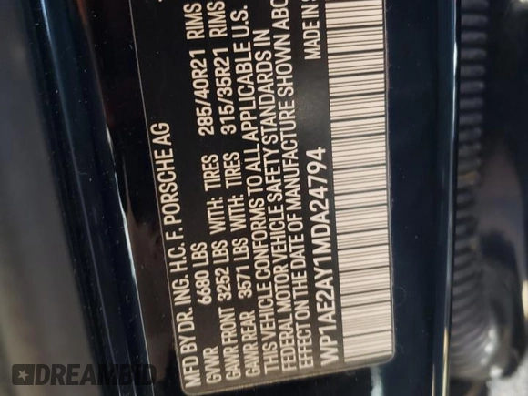 2021 Porsche Cayenne E-Hybrid with VIN WP1AE2AY1MDA24794, listed as a Copart auction lot 57626974 with 26,126 mi miles and Salvage title. Bid and sale history available at DreamBid. Image 13.