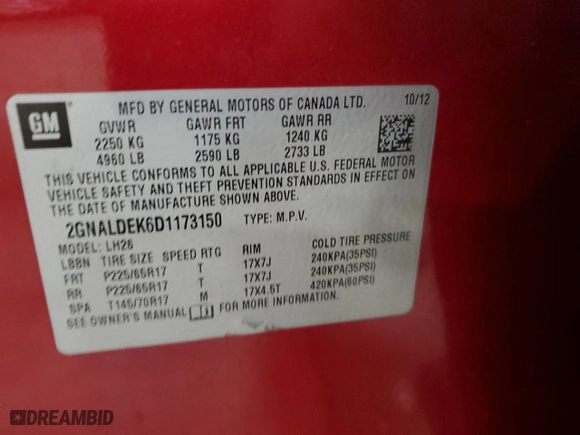 2013 Chevrolet Equinox LT with VIN 2GNALDEK6D1173150, listed as a Copart auction lot 49436705 with 101,683 mi miles and Salvage Title. Bid and sale history available at carsss.com. Image 14.