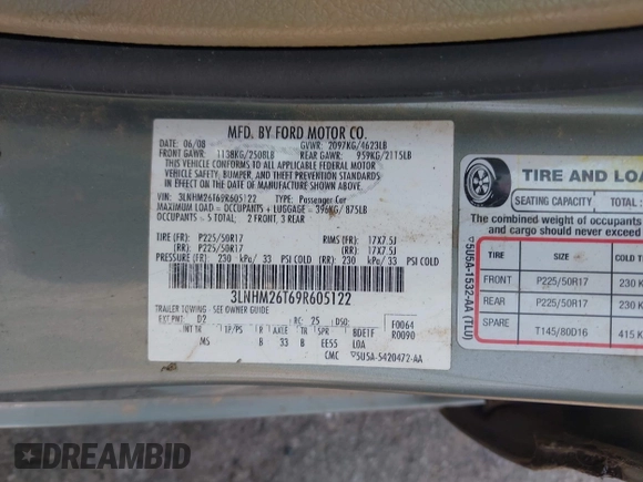2009 Lincoln MKZ with VIN 3LNHM26T69R605122, listed as a IAAI auction lot 42580220 with 168,000 mi miles and . Bid and sale history available at DreamBid. Image 9.