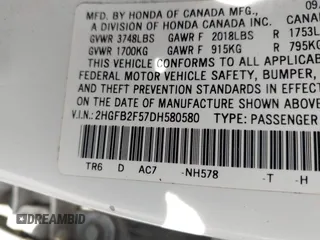 2013 Honda Civic LX with VIN 2HGFB2F57DH580580, listed as a IAAI auction lot 41673421 with 148,675 mi miles and . Bid and sale history available at DreamBid. Image 9.