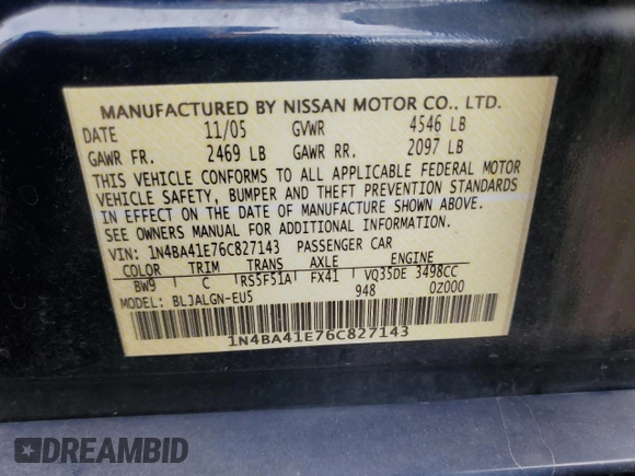 2006 Nissan Maxima 3.5 SL with VIN 1N4BA41E76C827143, listed as a Copart auction lot 49789485 with 116,918 mi miles and Salvage Title. Bid and sale history available at carsss.com. Image 12.