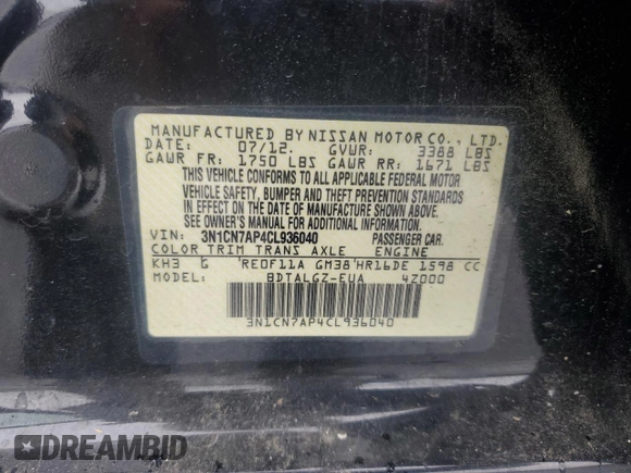 2012 Nissan Versa SV с VIN 3N1CN7AP4CL936040, выставлен на аукционе Copart как лот 58653555 с пробегом 140 938 миль миль и Чистый • Clean title. История ставок и продаж доступна на DreamBid. Изображение 12.