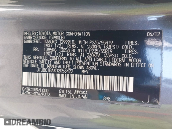 2013 Lexus RX 450h with VIN JTJBC1BAXD2053422, listed as a IAAI auction lot 42304531 with 117,035 mi miles and . Bid and sale history available at DreamBid. Image 9.