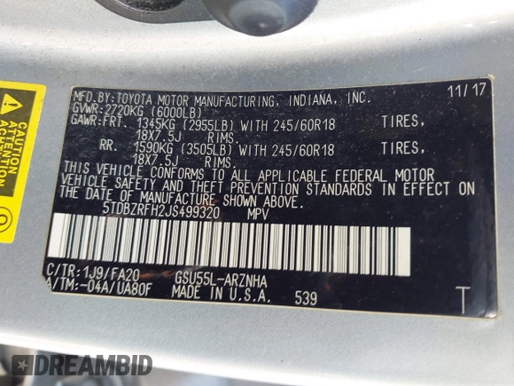 2018 Toyota Highlander LE с VIN 5TDBZRFH2JS499320, выставлен на аукционе IAAI как лот 42099889 с пробегом 642 396 миль миль и . История ставок и продаж доступна на DreamBid. Изображение 9.