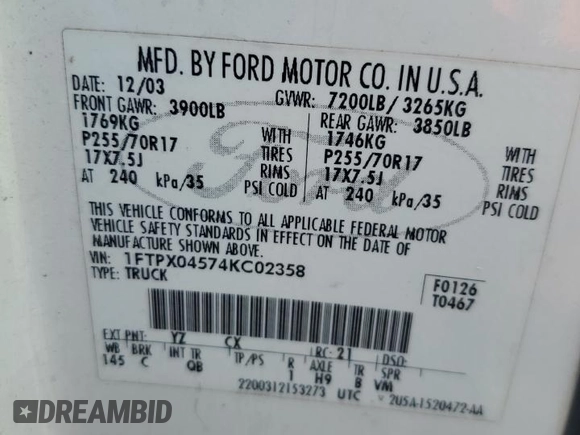 2004 Ford F-150 XLT z VIN 1FTPX04574KC02358, wystawiony jako Copart lot #61092185 z przebiegiem 32 876 mil mil oraz Szkoda całkowita • Salvage title. Historia ofert i sprzedaży dostępna na DreamBid. Obrazek 12.