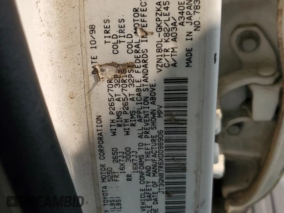 1999 Toyota 4Runner Limited с VIN JT3GN87R6X0098906, выставлен на аукционе Copart как лот 58648935 с пробегом 194 869 миль миль и Списание • Salvage title. История ставок и продаж доступна на DreamBid. Изображение 13.