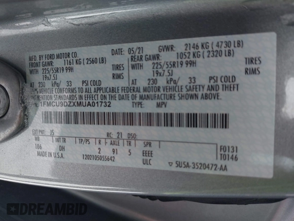 2021 Ford Escape Titanium Hybrid with VIN 1FMCU9DZXMUA01732, listed as a IAAI auction lot 41191436 with 41,116 mi miles and . Bid and sale history available at DreamBid. Image 9.