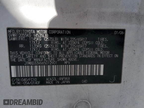 2006 Toyota RAV4 with VIN JTMBD33V665012901, listed as a Copart auction lot 51067925 with 189,775 mi miles and Salvage Title. Bid and sale history available at carsss.com. Image 13.