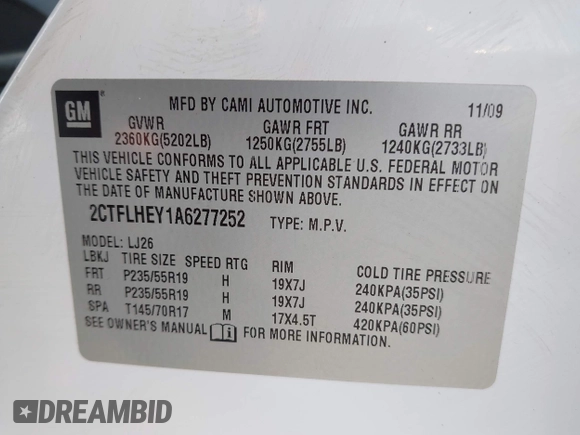 2010 GMC Terrain SLT-2 with VIN 2CTFLHEY1A6277252, listed as a IAAI auction lot 42039768 with 150,631 mi miles and . Bid and sale history available at carsss.com. Image 9.