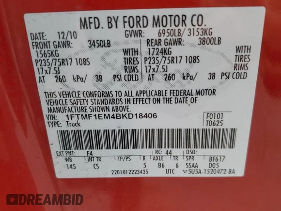 2011 Ford F-150 XL with VIN 1FTMF1EM4BKD18406, listed as a Copart auction lot 54566055 with 95,219 mi miles and Salvage title. Bid and sale history available at DreamBid. Image 12.