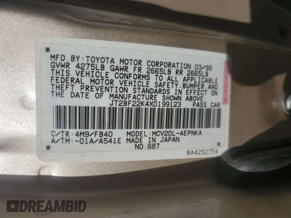 1999 Toyota Camry LE z VIN JT2BF22K4X0199123, wystawiony jako Copart lot #53456665 z przebiegiem 181 526 mil mil oraz Szkoda całkowita • Salvage title. Historia ofert i sprzedaży dostępna na DreamBid. Obrazek 13.