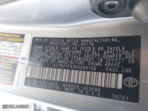 2019 Toyota Avalon Hybrid Limited with VIN 4T1B21FB3KU009106, listed as a IAAI auction lot 41757436 with 107,459 mi miles. Bid and sale history available at carsss.com. Image 9.