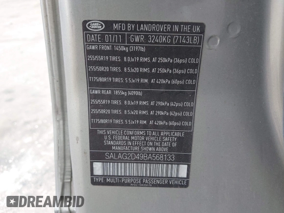 2011 Land Rover LR4 HSE with VIN SALAG2D49BA568133, listed as a IAAI auction lot 41860665 with 201,657 mi miles and . Bid and sale history available at DreamBid. Image 9.