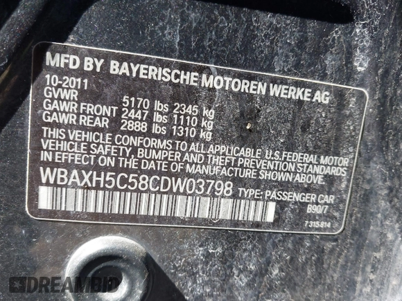 2012 BMW 5 Series 528i xDrive with VIN WBAXH5C58CDW03798, listed as a IAAI auction lot 42011933 with 115,508 mi miles and . Bid and sale history available at DreamBid. Image 9.