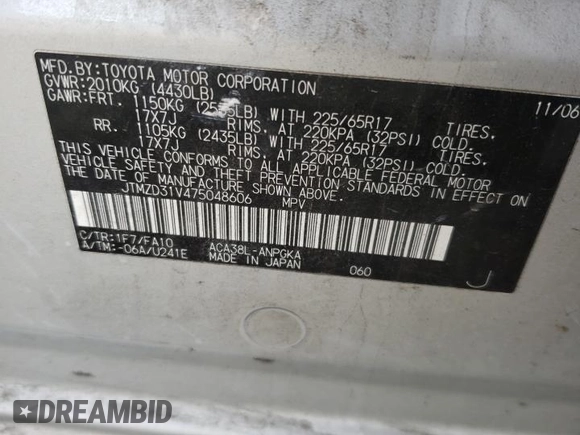 2007 Toyota RAV4 Limited with VIN JTMZD31V475048606, listed as a Copart auction lot 54630185 with 324,609 mi miles and Clean Title. Bid and sale history available at carsss.com. Image 13.