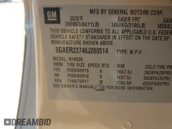 2008 Buick Enclave CXL with VIN 5GAER23748J280514, listed as a IAAI auction lot 42029945 with 170,506 mi miles and . Bid and sale history available at DreamBid. Image 9.
