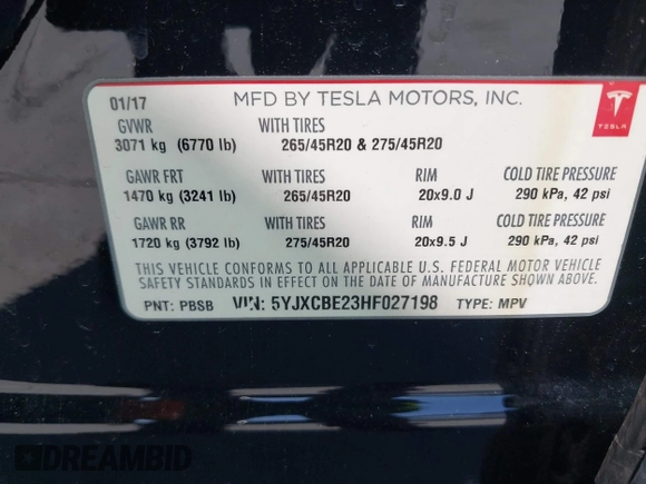 2017 Tesla Model X 90D z VIN 5YJXCBE23HF027198, wystawiony jako IAAI lot #42439451 z przebiegiem 111 122 mil mil oraz . Historia ofert i sprzedaży dostępna na DreamBid. Obrazek 9.