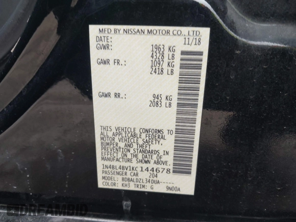 2019 Nissan Altima S with VIN 1N4BL4BV1KC144678, listed as a IAAI auction lot 42101538 with 181,101 mi miles and . Bid and sale history available at carsss.com. Image 9.
