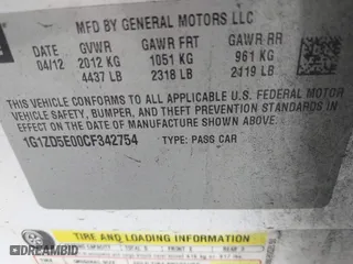 2012 Chevrolet Malibu LT w/2LT with VIN 1G1ZD5E00CF342754, listed as a IAAI auction lot 41911857 with 146,440 mi miles. Bid and sale history available at carsss.com. Image 9.