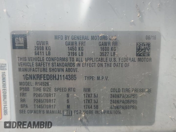 2017 Chevrolet Traverse LS with VIN 1GNKRFED8HJ114385, listed as a Copart auction lot 61221945 with 99,572 mi miles and Salvage title. Bid and sale history available at DreamBid. Image 12.